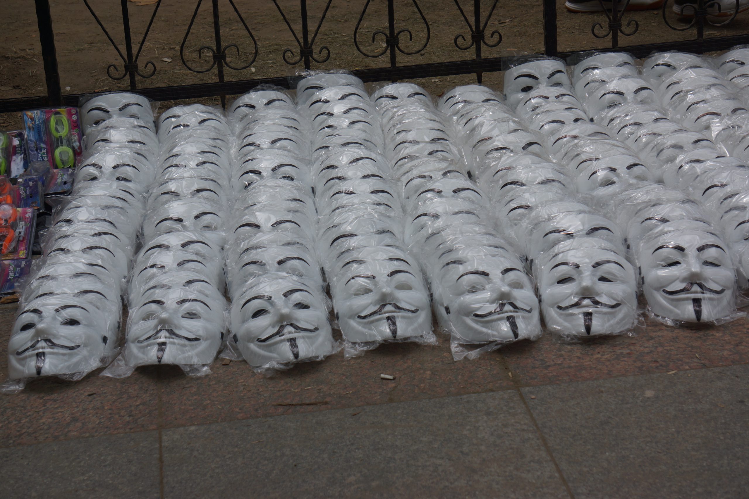 Masks lined up, ready to hide identities