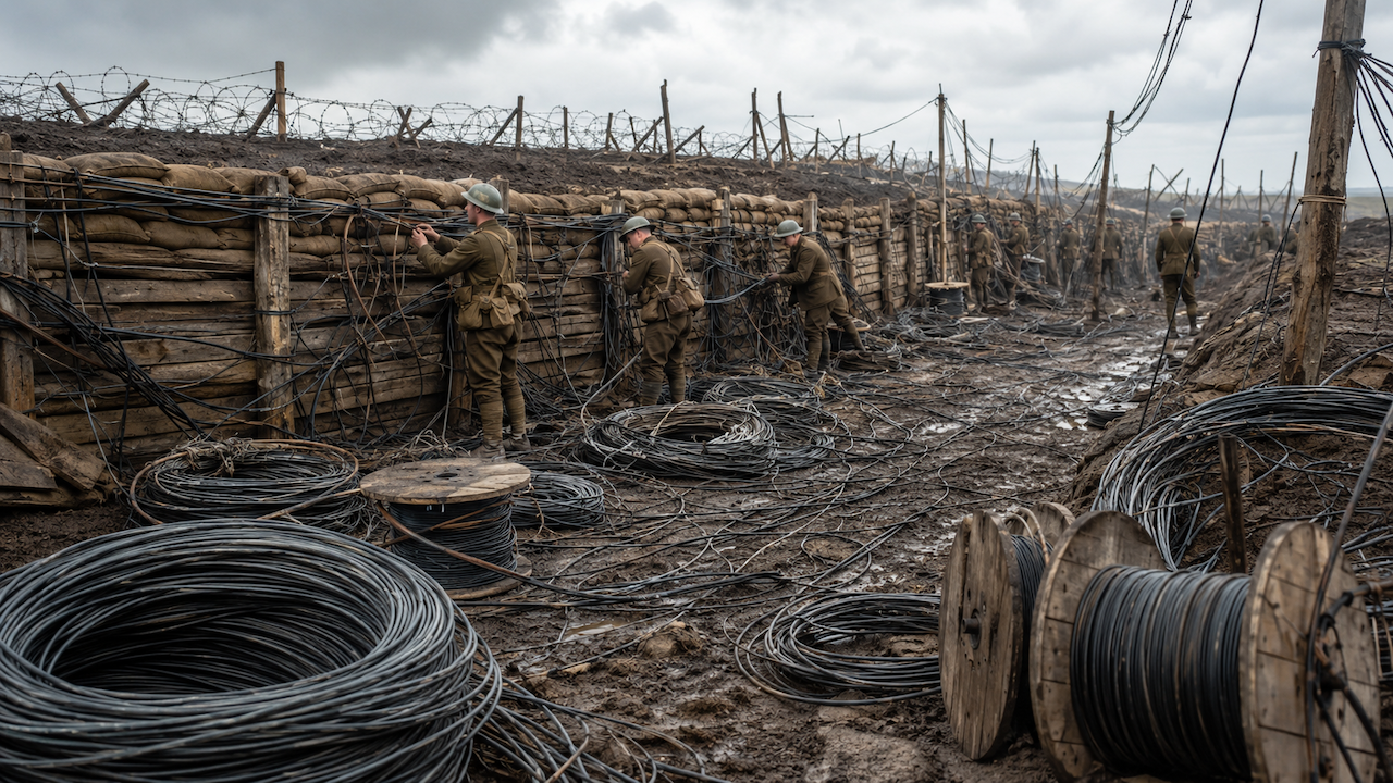 World War One trench with tangled cables and soldiers (courtesy AI)